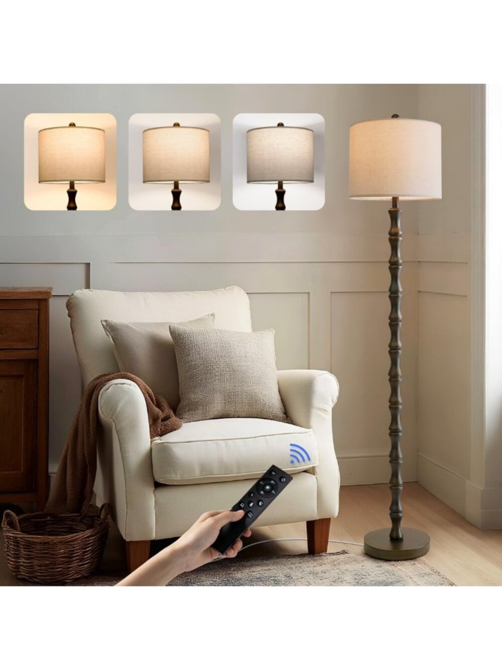 Rustic 62" Farmhouse Floor Lamp with Remote, Dimmable 9W Bulb & 3 Color